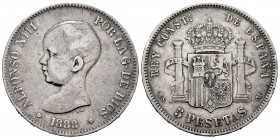 Alfonso XIII (1886-1931). 5 pesetas. 1888 *18-88. Madrid. MSM. (Cal-89). Ag. 24,57 g. Rare. Almost VF. Est...900,00. 


SPANISH DESCRIPTION: Centen...