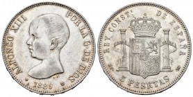 Alfonso XIII (1886-1931). 5 pesetas. 1889*18-89. Madrid. MPM. (Cal-93). Ag. 24,96 g. Choice VF/Almost XF. Est...65,00. 


SPANISH DESCRIPTION: Cent...