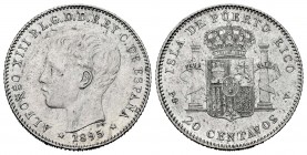 Alfonso XIII (1886-1931). 20 centavos. 1895. Puerto Rico. PGV. (Cal-126). Ag. 4,99 g. Very scarce. Choice VF. Est...180,00. 


SPANISH DESCRIPTION:...
