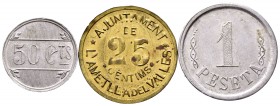 Civil War (1936-1939). L´Ametlla del Valles. (Cal-1). 1,80 g. Serie with 3 value, 1 peseta, 25 y 50 centimos. Choice VF/Almost XF. Est...120,00. 

...
