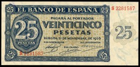 25 pesetas. 1936. Burgos. (Ed 2017-419a). 21 November by Giesecke and Devrient. Serie S. UNC. Est...45,00. 


SPANISH DESCRIPTION: 25 pesetas. 1936...