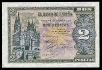 2 pesetas. 1938. Burgos. (Ed 2017-429a). April 30, Arch of Santa Maria and Burgos Cathedral. Serie B. Almost UNC. Est...20,00. 


SPANISH DESCRIPTI...