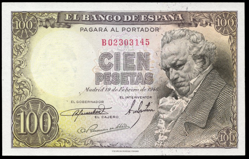 100 pesetas. 1946. Madrid. (Ed-451b). February 19, Francisco de Goya. Serie B. U...