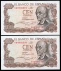 100 pesetas. 1970. Madrid. (Ed 2017-472c). November 17, Manuel de Falla. Serie 6Q. Correlative pair. Light central bend. Almost XF. Est...20,00. 

...