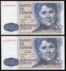 500 pesetas. 1979. Madrid. (Ed 2017-476a). October 23, Rosalía de Castro. Serie 1A. Correlative pair. Light central bend. AU. Est...20,00. 


SPANI...