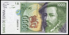 1000 pesetas. 1992. Madrid. (Ed-483a). October 12, Hernán Cortés. Serie A. Low numbering. UNC. Est...30,00. 


SPANISH DESCRIPTION: 1000 pesetas. 1...