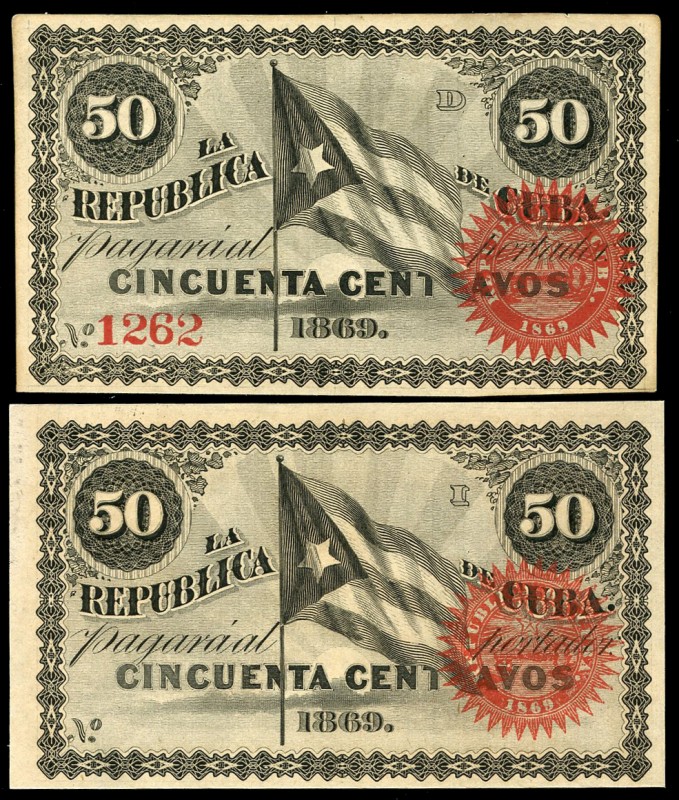 Overseas issues. Republic of Cuba. 50 centavos. 1869. (Ed 2017-30). Lot of 2 und...