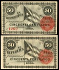 Overseas issues. Republic of Cuba. 50 centavos. 1869. (Ed 2017-30). Lot of 2 undated banknotes. One of them unnumbered and the other numbered. AU/Almo...