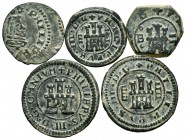 Lot of 5 Hapsburg coins. Containing of Philip III 2 Maravedis 1619 Burgos, 1619 Segovia, 4 Maravedis 1599 No mint and 1618 Segovia; Philip IV 4 Marave...