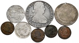 Lot of 8 coins of the Spanish Monarchy from Philip II to Isabel II; 2 reales Sevilla, 4 reales 1809 Potosi PJ (hole), 2 maravedis 1827, 1828 and 1832 ...