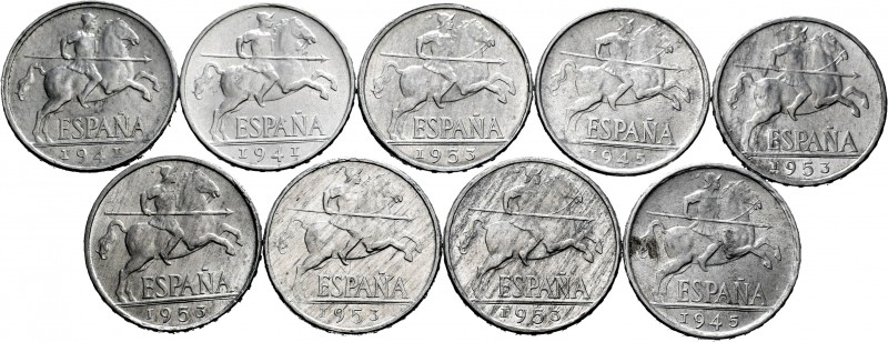 Lot of 9 Spanish State coins of 10 cents 1941 (2), 1945 (2) and 1945 (5). TO EXA...