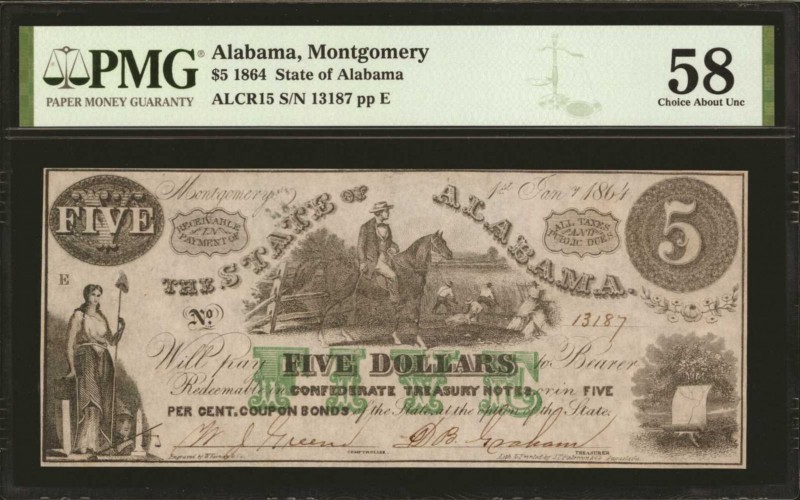 Alabama

Montgomery, Alabama. State of Alabama. 1864. $5. PMG Choice About Unc...