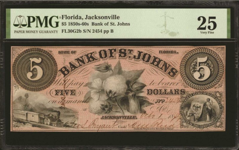 Florida

Jacksonville, Florida. Bank of St. Johns. 1850s-60s. $5. PMG Very Fin...