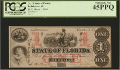 Florida

Tallahassee, Florida. State of Florida. 1863. $1. PCGS Currency Extremely Fine 45 PPQ.

A mid grade example of this State of Florida ace....