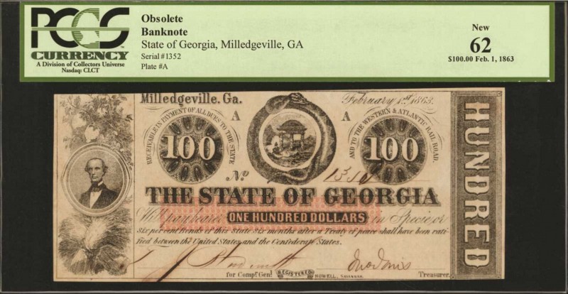 Georgia

Milledgeville, Georgia. State of Georgia. 1863. $100. PCGS Currency N...