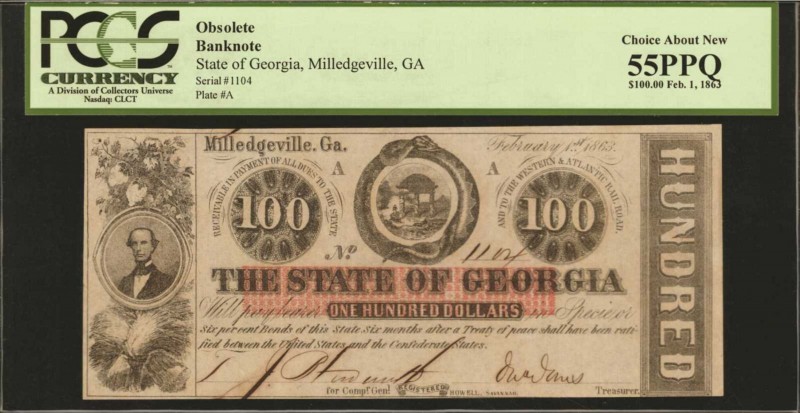 Georgia

Milledgeville, Georgia. State of Georgia. 1863. $100. PCGS Currency C...