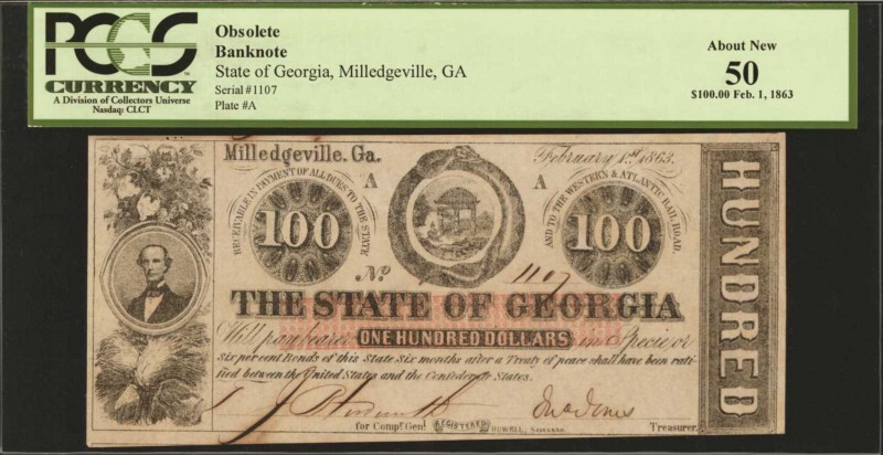 Georgia

Milledgeville, Georgia. State of Georgia. 1863. $100. PCGS Currency A...