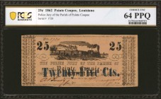 Louisiana

Pointe Coupee, Louisiana. Police Jury of the Parish of Pointe Coupee. 1862 25 Cent. PCGS Banknote Choice Uncirculated 64 PPQ.

A nearly...