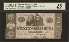 Missouri

Jefferson City, Missouri. State of Missouri. January 1st, 1862. $5. PMG Very Fine 25.

Dark penned details stand out on this $5 Missouri...