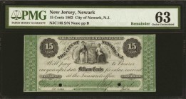 New Jersey

Newark, New Jersey. City of Newark, N.J. 1862. 15 Cents. PMG Choice Uncirculated 63. Remainder.

PMG comments "Previously Mounted."
...