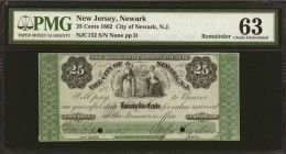 New Jersey

Newark, New Jersey. City of Newark, N.J. 1862. 25 Cents. PMG Choice Uncirculated 63. Remainder.

PMG comments "Previously Mounted."
...