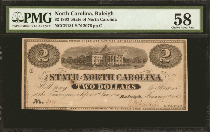 North Carolina

Raleigh, North Carolina. State of North Carolina. 1863. $2. PM...