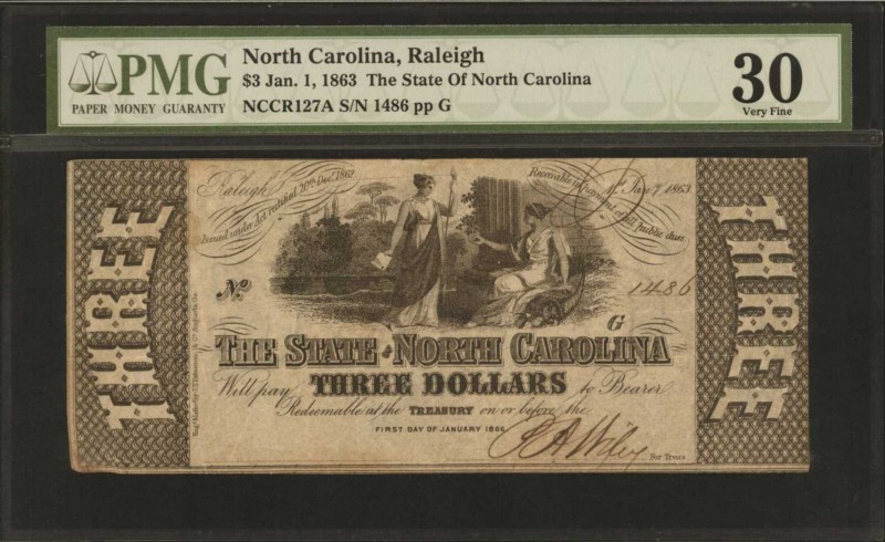 North Carolina

Raleigh, North Carolina. State of North Carolina. 1863. $3. PM...