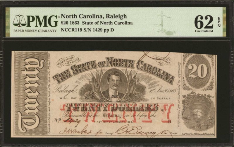 North Carolina

Raleigh, North Carolina. State of North Carolina. 1863. $20. P...