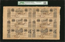 Pennsylvania

Uncut Sheet of (6). Danville, Pennsylvania. W. Donaldson. 1837. 12 1/2-25-50 Cents. PMG About Uncirculated 53.

An uncut sheet of si...