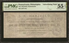 Pennsylvania

Philadelphia, Pennsylvania. S.K. Harzfeld, Numismatist. ND (1877-81). Advertising Note. PMG About Uncirculated 55 EPQ.

A note adver...
