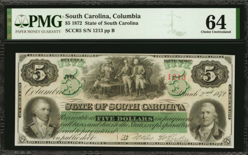 South Carolina

Columbia, South Carolina. State of South Carolina. 1872 $5. PM...