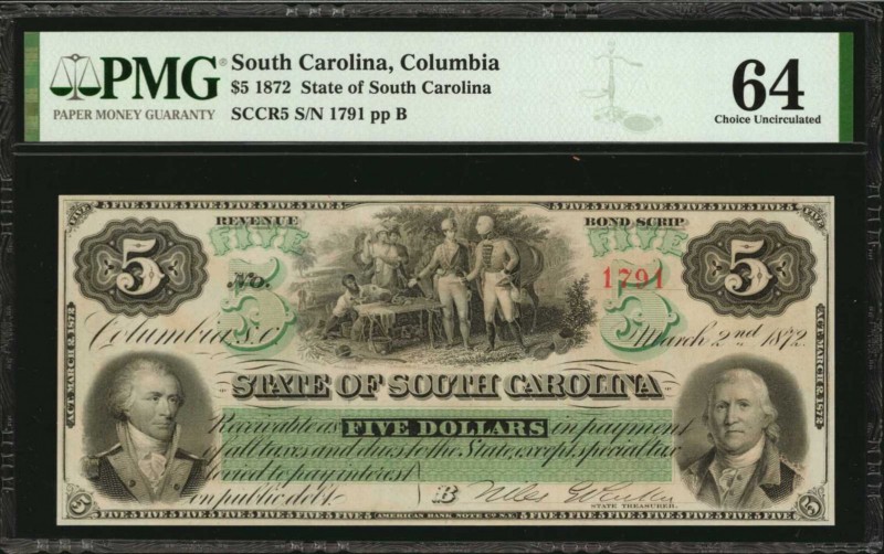 South Carolina

Columbia, South Carolina. State of South Carolina. 1872. $5. P...