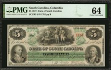 South Carolina

Columbia, South Carolina. State of South Carolina. 1872. $5. PMG Choice Uncirculated 64.

(SCCR). Good eye appeal is noticed on th...