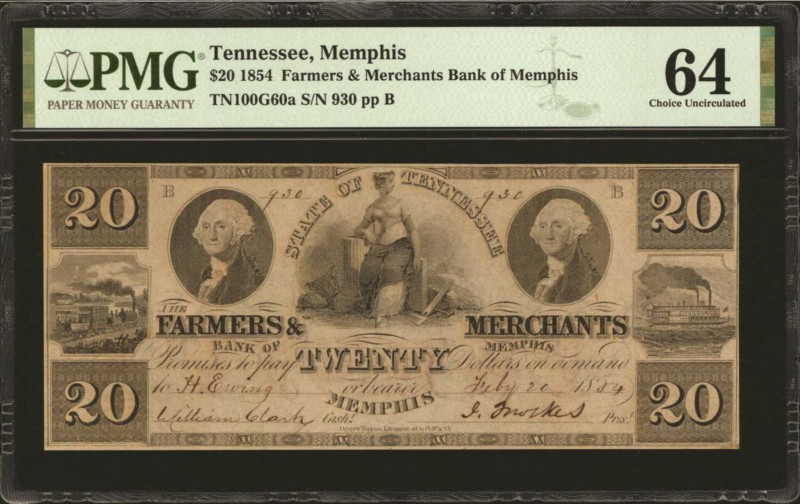 Tennessee

Memphis, Tennessee. Farmers & Merchants Bank of Memphis. 1854. $20....