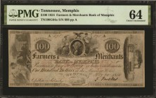 Tennessee

Memphis, Tennessee. Farmers & Merchants Bank of Memphis. 1854. $100. PMG Choice Uncirculated 64.

PMG comments "Pinholes."

Estimate:...