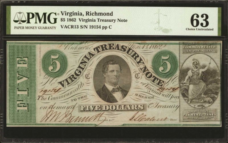 Virginia

Richmond, Virginia. Virginia Treasury Note. 1862. $5. PMG Choice Unc...