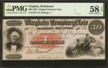 Virginia

Richmond, Virginia. Virginia Treasury Note. 1862. $50. PMG Choice About Uncirculated 58.

(VACR7). Bright paper and good detail stand ou...