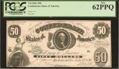 Confederate Currency

T-8. Confederate Currency. 1861 $50. PCGS Currency New 62 PPQ.

No. 175, Plate Bb. A low three digit serial number is found ...