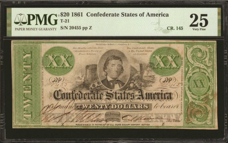 Confederate Currency

T-21. Confederate Currency. 1861 $20. PMG Very Fine 25....