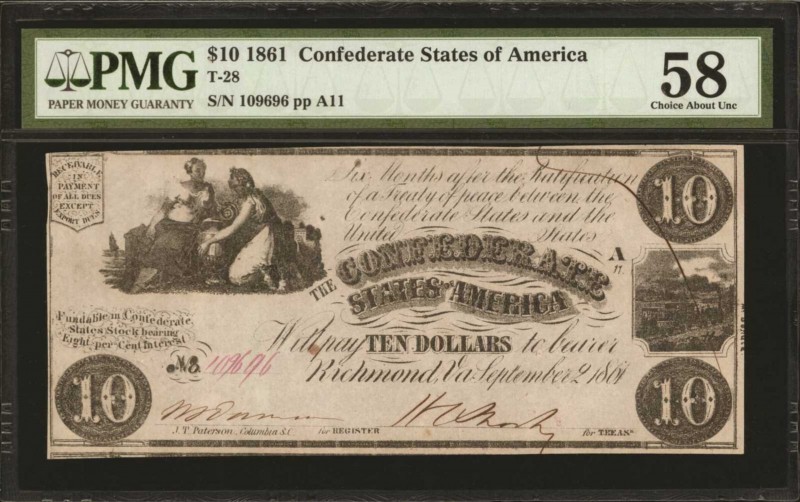 Confederate Currency

T-28. Confederate Currency. 1861 $10. PMG Choice About U...
