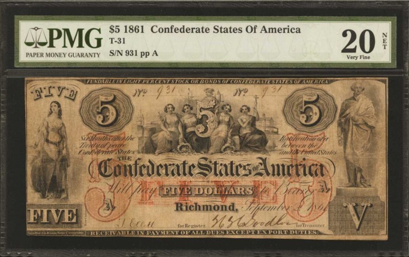 Confederate Currency

T-31. Confederate Currency. 1861 $5. PMG Very Fine 20 Ne...