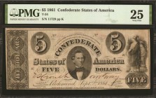 Confederate Currency

T-34. Confederate Currency. 1861 $5. PMG Very Fine 25.

No. 11729, Plate K. PMG comments "Previously Mounted."

Estimate: ...