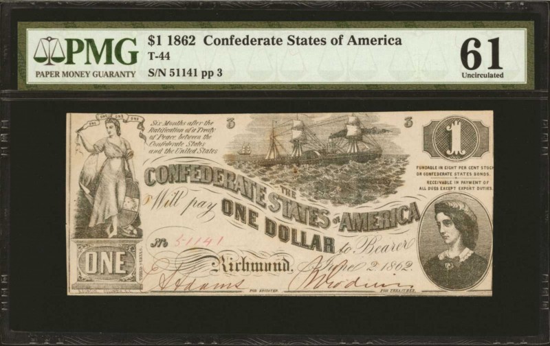 Confederate Currency

T-44. Confederate Currency. 1862 $1. PMG Uncirculated 61...