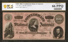 Confederate Currency

T-65. Confederate Currency. 1864 $100. PCGS Banknote Gem Uncirculated 66 PPQ.

No. 8017, Plate C. Printed by Keatinge & Ball...