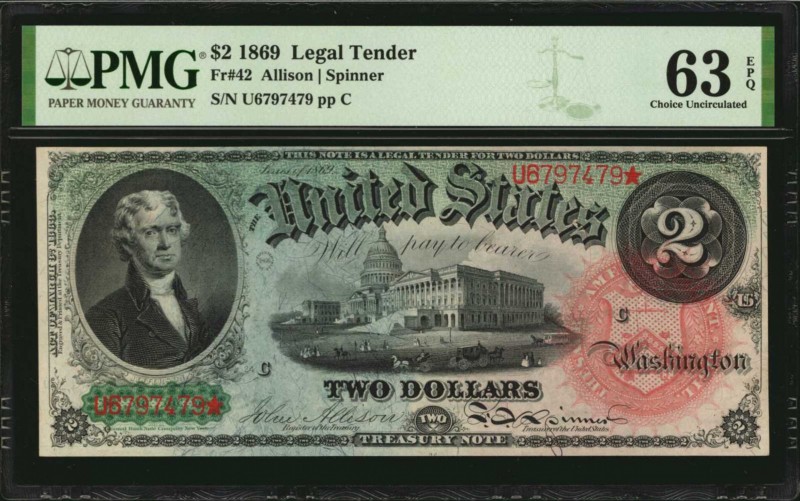 Legal Tender Notes

Fr. 42. 1869 $2 Legal Tender Note. PMG Choice Uncirculated...