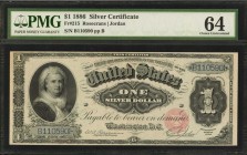 Silver Certificates

Fr. 215. 1886 $1 Silver Certificate. PMG Choice Uncirculated 64.

This Martha Washington Silver Certificate boasts bright pap...