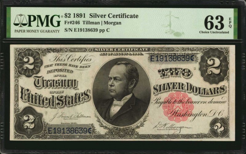 Silver Certificates

Fr. 246. 1891 $2 Silver Certificate. PMG Choice Uncircula...