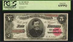 Treasury Note

Fr. 362. 1891 $5 Treasury Note. PCGS Currency Choice New 63 PPQ.

A lovely note of the Series of 1891 Treasury or Coin Note, this p...