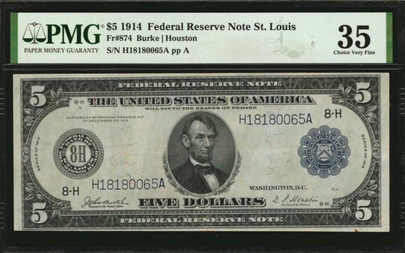 Federal Reserve Notes

Fr. 874. 1914 $5 Federal Reserve Note. St. Louis. PMG C...