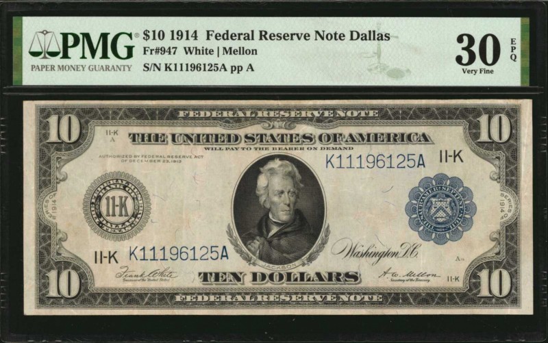 Federal Reserve Notes

Fr. 947. 1914 $10 Federal Reserve Note. Dallas. PMG Ver...